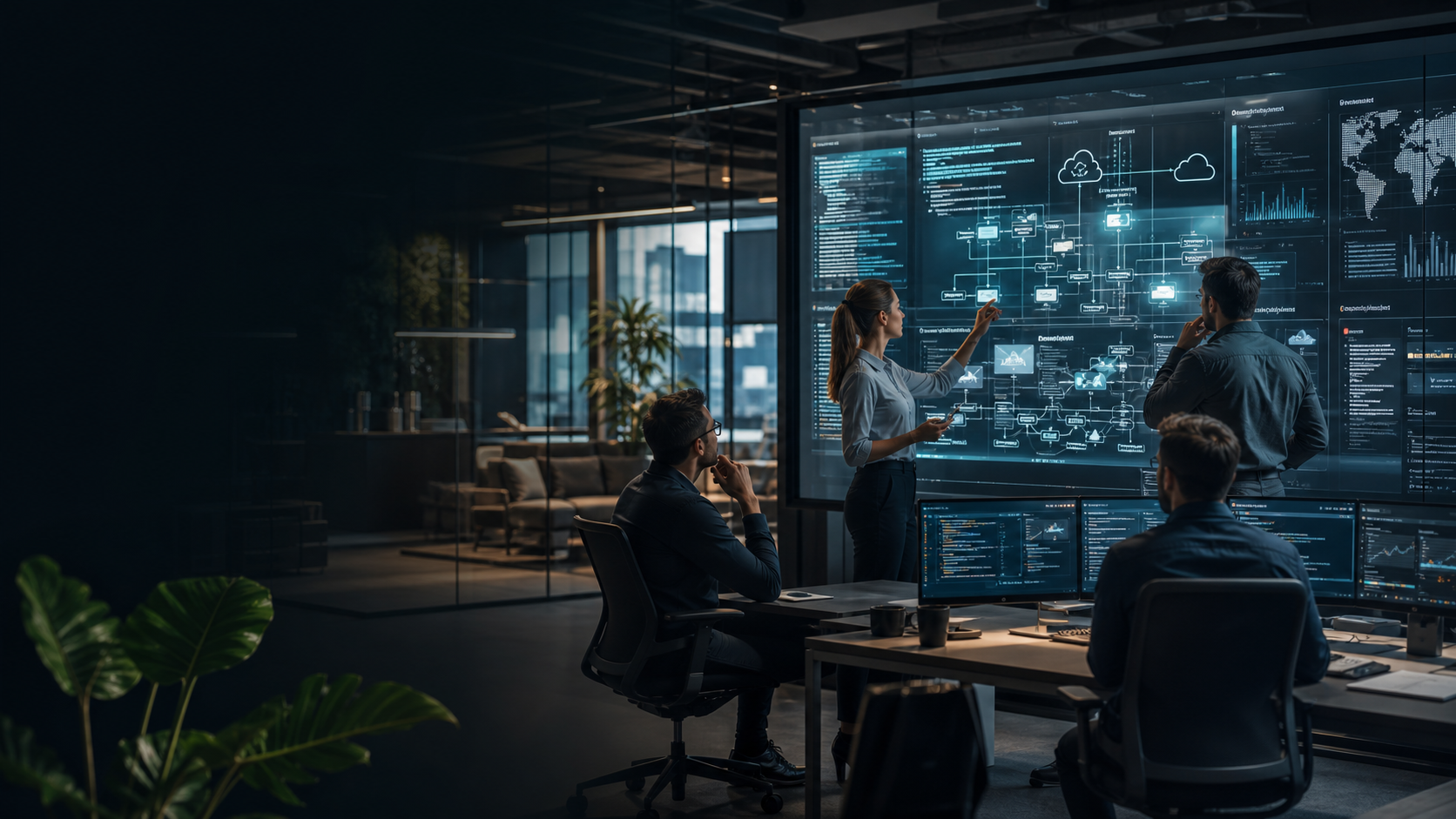 Software engineers collaborating around enterprise system dashboards